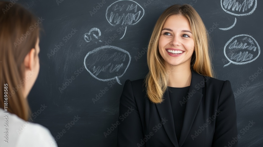 Poster two businesswomen are having a discussion and brainstorming new ideas in front of a blackboard with 