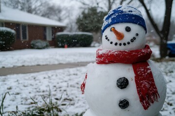 Cheerful Snowman Decorated with Snowy Finish, Blue Hat, Orange Carrot Nose, Red Scarf, and Black Buttons in a Winter Residential Neighborhood Setting
