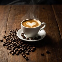 Obraz premium A hot black coffee and coffee beans cinnamon sticks on table vintage style top view