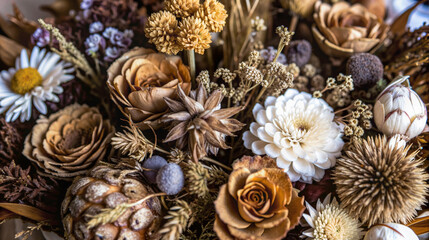 Floral arrangement of dried flowers in warm tones