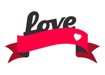 Stylized Love Text with Red Ribbon Banner & White Heart Icon - Minimalist Valentine's Day Graphic Design, Black and Red Color Scheme, Romantic Typography, Vector Illustration,