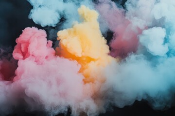 Vibrant clouds of powdered colors swirl together in a mesmerizing display of hues in a darkened space during an artistic performance