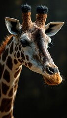 Fototapeta premium A Majestic Giraffe Portrait Capturing the Gentle Giant,s Detailed Beauty with Intense Gaze