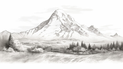 Mountain landscape, mountains, mountain peaks, spruce forest, at the foot of the mountains, coniferous, trees, clouds, simple, black and white sketch, painting, image for printing on a T-shirt