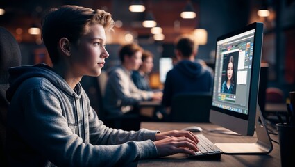Focused Teen Boy Editing Photos on Computer in Creative Studio Environment