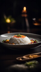 Warm steamed rice served artistically in a modern bowl, garnished with fresh citrus and vegetables, ideal for culinary presentations and food photography.

