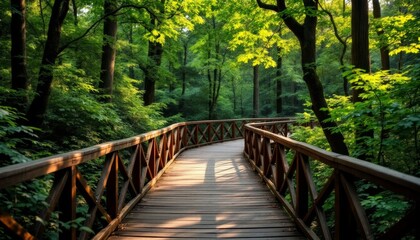 Obraz premium Sunlit Wooden Pathway Weaves Through Lush Green Forest Canopy A Serene Escape