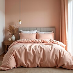 Peach Fuzz Bedding in a Modern Cozy Bedroom with Trendy Decor and Calming Ambiance

