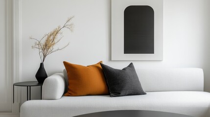 scandinavian interior design, modern swedish-style living room with sleek furniture, white walls, and colorful curated decor and cushions