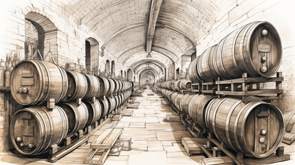 Wine cellar old fashioned image. Pencil hand drawing. Wine production engraving sketch style. Hand drawing. Black and white. Ai generation	