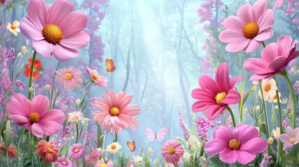 Enchanting Floral Landscape with Pink Blooms and Gentle Butterflies in a Lush Dreamy Setting