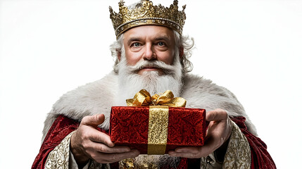 King Gives Gift: Crown, Robe, Red Present, Gold Ribbon, Generosity, Holiday, Tradition
