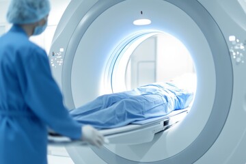 A female doctor configures the X-ray machine for the patient