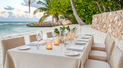 Obraz premium Elegant Beachfront Dinner Setup with Glassware, Candles, and Tropical Plants at Sunset in Paradise