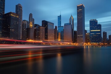 Obraz premium City skyline illuminated at dusk with reflections on the water creating a captivating urban landscape