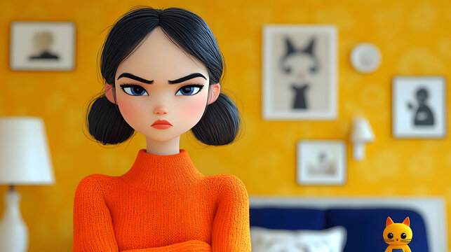 Girl Expresses Displeasure with Folded Arms in Cozy Room