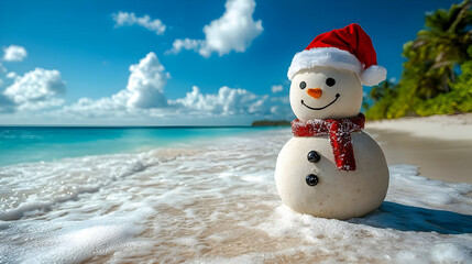 Snowman on Beach Enjoys Winter Vacation in Tropical Paradise