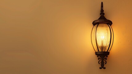 A vintage lantern light fixture emitting a warm glow, isolated on a neutral backdrop.