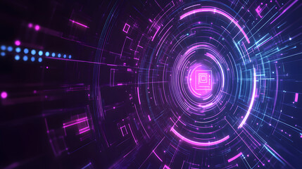 Fototapeta premium Purple neon light streaks radiating from the center on a dark background, evoking themes of technology, big data, and dots.