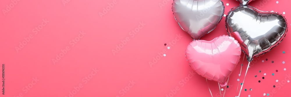 Poster pink and silver heart shaped balloons floating on a pink background with confetti create a festive a