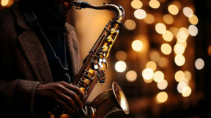 Fototapeta premium Saxophone Plays Smooth Jazz Music at Night