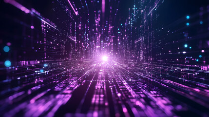 Fototapeta premium Purple neon light streaks radiating from the center on a dark background, evoking themes of technology, big data, and dots.