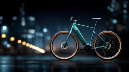 Fototapeta premium Sleek and Modern Electric Bicycle in Urban Night Setting with Blurred City Lights in Background