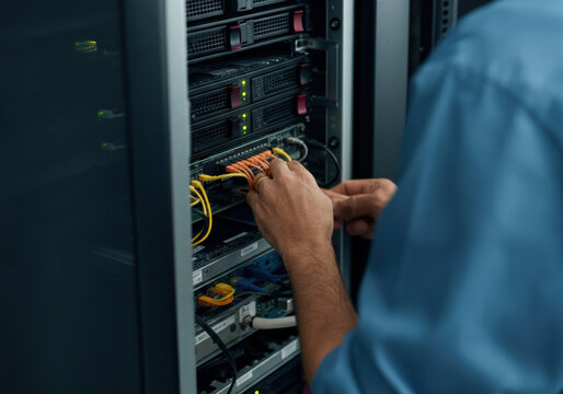 Technician Connecting Fiber Optic Cables to Server
