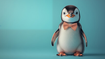 Penguin wearing bowtie against turquoise backdrop, whimsical portrait of animal elegance