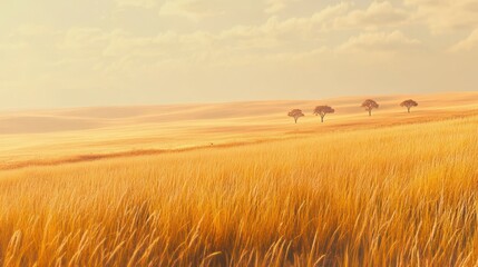Fototapeta premium Golden Hour Savanna Landscape: A Serene Grassland Panorama