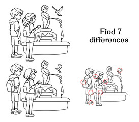 Boy and girl taking pictures of Manneken Pis fountain. Find 7 differences. Tasks for kids. Vector illustration