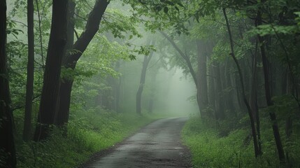 Obraz premium Misty Forest Pathway: A Serene Escape into Nature's Embrace