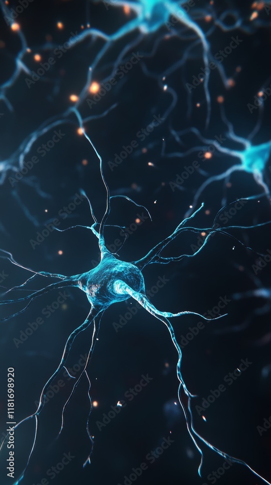 Poster Glowing neurons transmitting electrical signals, forming complex networks and connections within the nervous system, illustrating the intricate process of communication in the brain