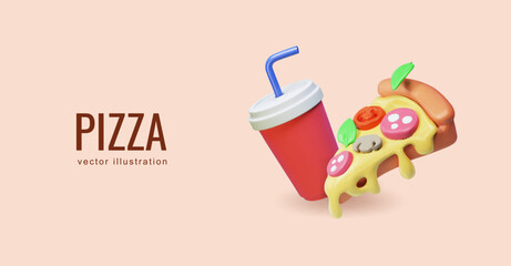 Realistic 3d pizza icon with soda cap. Fast food banner. Cola and pizza slice poster render
