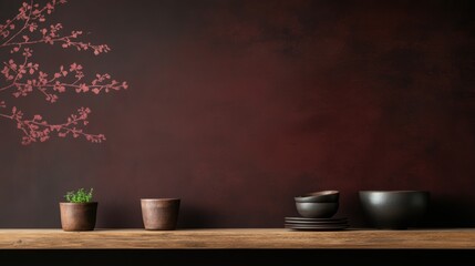 botanical kitchen decor, burgundy floral wallpaper adorns a rustic kitchen with open wooden shelves and potted plants, creating a delicate decor