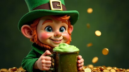Adorable leprechaun in a green hat with a traditional green beer for St. Patrick's Day on a green background and falling gold coins