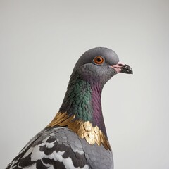 A pigeon with golden feathers and a regal posture on a clean white background.