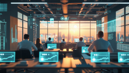 Fototapeta premium modern office, cyberpunk design, open space, elevated view, futuristic workspace, softly blurred