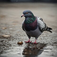 A pigeon drinking water from an invisible puddle, clear backdrop.