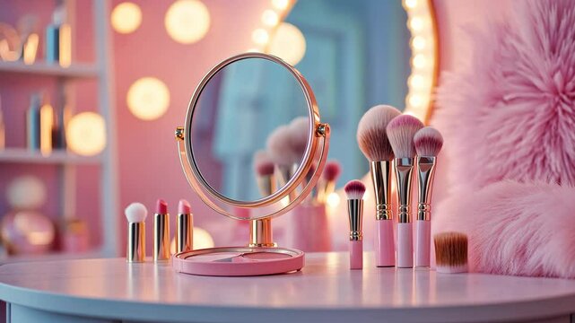 Cosmetic setup featuring pink vanity mirror and makeup brushes in a stylish room with soft lighting