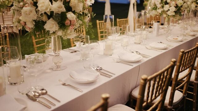 Decoration dinner set up in Thailand and tropical wedding set upWedding decor table set up candle catering dinner dish luxury event. Close up Festive fine setting white table row chair flower
