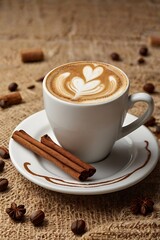 A minimalist composition of a cup of coffee on a suacer with blurred background