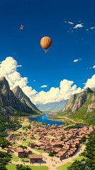 Village Hot Air Balloon Illustration