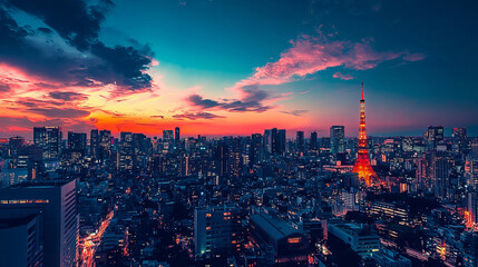 Obraz premium Vivid Tokyo cityscape during a stunning sunset with urban lights and skyline