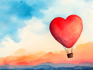 Fototapeta premium A vibrant watercolor painting of a heart-shaped hot air balloon floating in a colorful sky at sunset.
