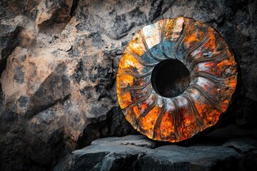 Intricate metal disc with vibrant orange and blue hues rests on dark, rough rocks, creating a...