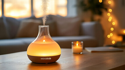 Aroma Diffuser Creates Relaxing Atmosphere at Sunset, Enhancing Home Ambiance