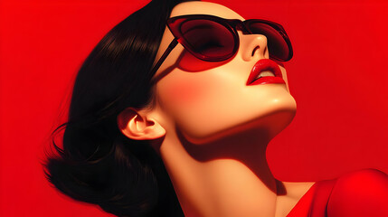 Fototapeta premium Woman Wearing Sunglasses Poses Elegantly with Red Lipstick and Dress