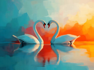 Naklejka premium Two elegant swans create a heart shape with their necks, reflecting beautifully on a serene water surface against a vibrant sunset backdrop.