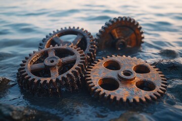 Rusty gears lie submerged in dark water, evoking themes of industry, time, and decay.